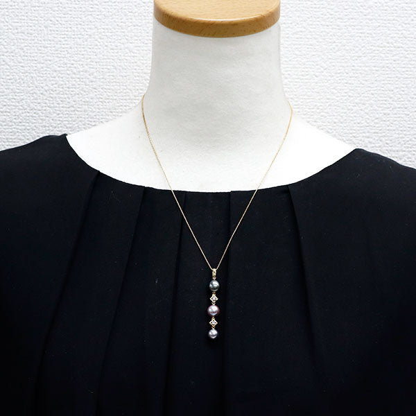 K18YG アコヤ/淡水/黒蝶 真珠 ダイヤモンド ペンダントネックレス 径約7.2-8.6mm D0.06ct