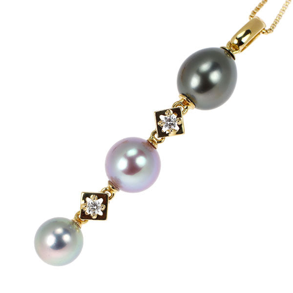 K18YG アコヤ/淡水/黒蝶 真珠 ダイヤモンド ペンダントネックレス 径約7.2-8.6mm D0.06ct