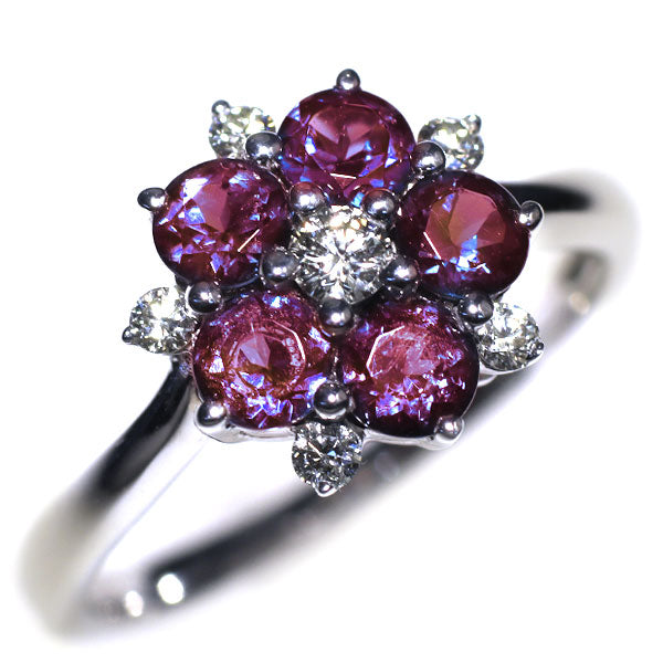 K18WG カラーチェンジガーネット ダイヤモンド リング 1.20ct D0.18ct フラワー