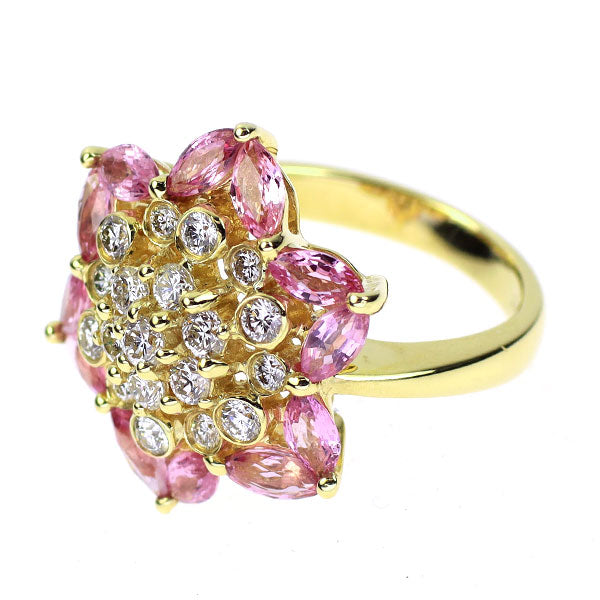 K18YG ダイヤモンド マーキス ピンクサファイア リング D0.82ct PS2.25ct  フラワー