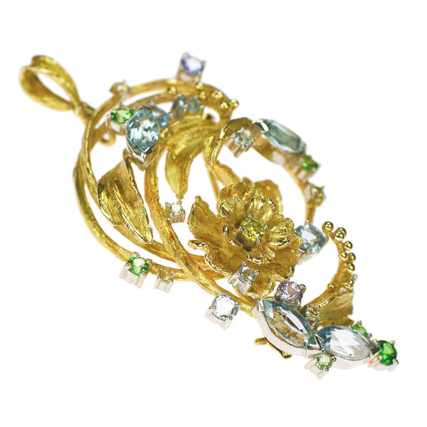 K18YG/Pt900 カラーストーン ダイヤモンド ブローチ兼ペンダントトップ D0.17ct 植物