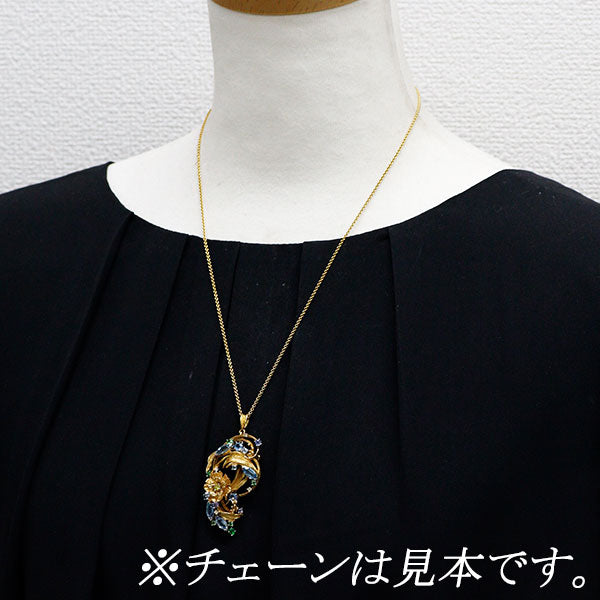 K18YG/Pt900 カラーストーン ダイヤモンド ブローチ兼ペンダントトップ D0.17ct 植物