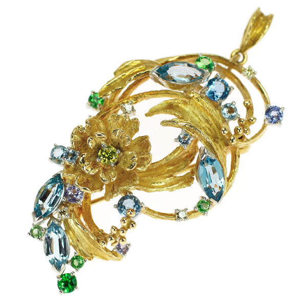 K18YG/Pt900 カラーストーン ダイヤモンド ブローチ兼ペンダントトップ D0.17ct 植物