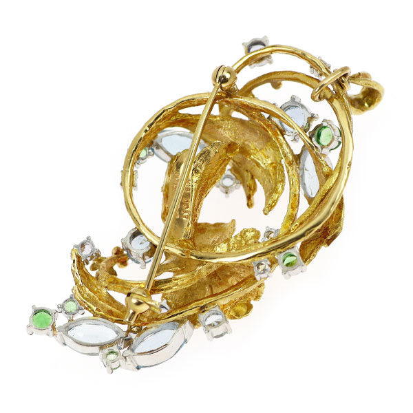 K18YG/Pt900 カラーストーン ダイヤモンド ブローチ兼ペンダントトップ D0.17ct 植物