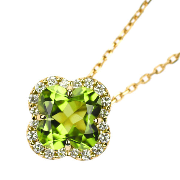 K18YG リリーカット ペリドット ダイヤモンド ペンダントネックレス 1.77ct D0.15ct フラワー クローバー