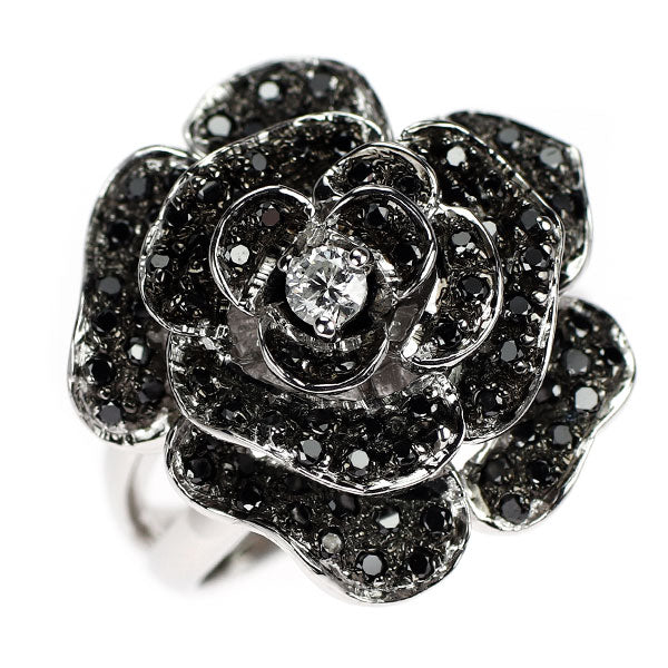 ブラックコーティング/ K18WG カラーレス/ブラック ダイヤモンド リング 0.73ct 薔薇 フラワー