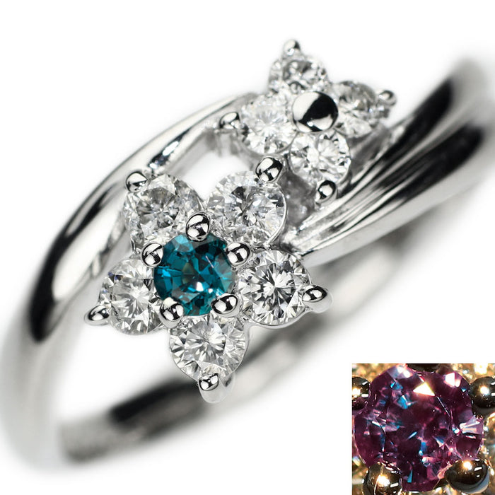 希少 K18WG アレキサンドライト ダイヤモンド リング 0.12ct 0.53ct フラワー