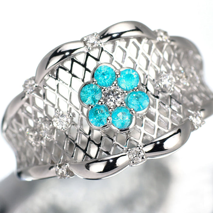 K18WG パライバトルマリン ダイヤモンド リング 0.19ct D0.18ct フラワー