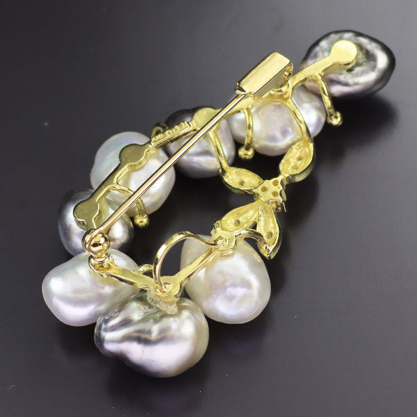 希少 K18YG 白蝶/黒蝶 芥子パール ダイヤモンド ブローチ D0.11ct