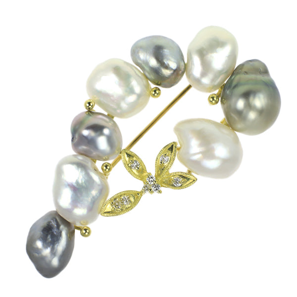 希少 K18YG 白蝶/黒蝶 芥子パール ダイヤモンド ブローチ D0.11ct
