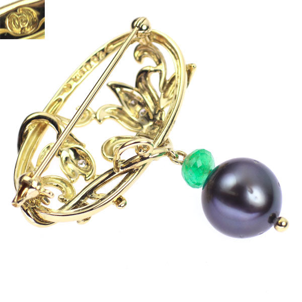 田崎真珠 K18YG 黒蝶真珠 エメラルド ダイヤモンド ブローチ 径約10.3mm D0.03ct
