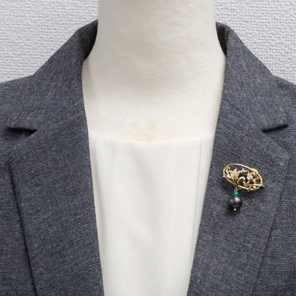田崎真珠 K18YG 黒蝶真珠 エメラルド ダイヤモンド ブローチ 径約10.3mm D0.03ct