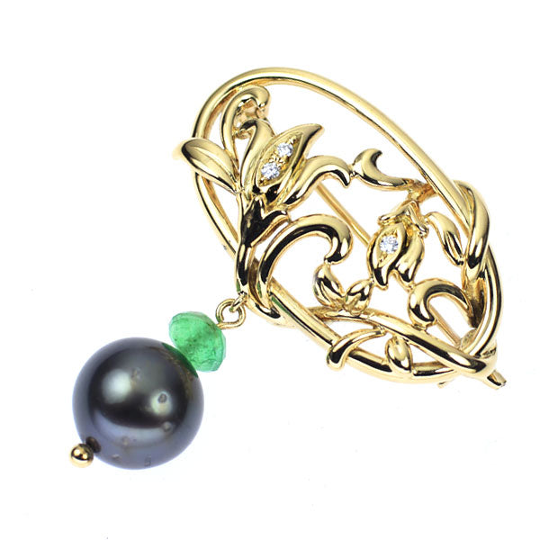 田崎真珠 K18YG 黒蝶真珠 エメラルド ダイヤモンド ブローチ 径約10.3mm D0.03ct