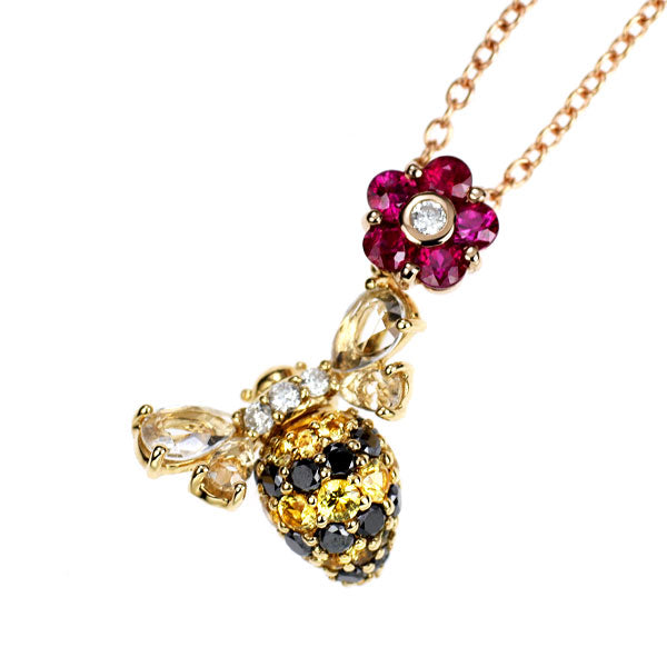 ポンテヴェキオ K18YG/PG ルビー サファイア ダイヤモンド ペンダントネックレス R0.20ct W/YS0.29ct D0.03ct BD0.22ct 蜂 フラワー