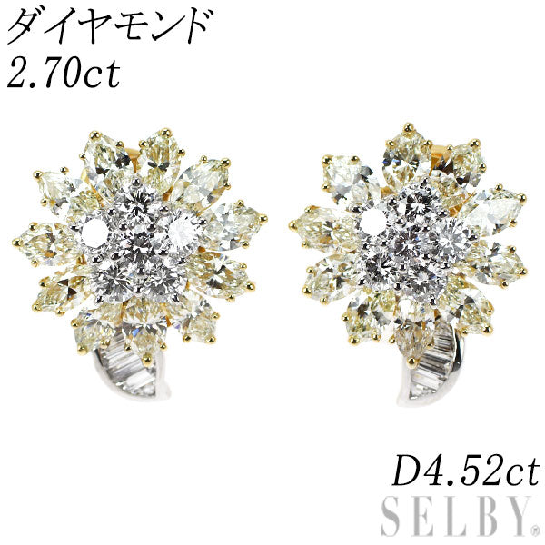 K18YG/Pt850 ダイヤモンド ピアス 2.70ct YD4.52ct フラワー