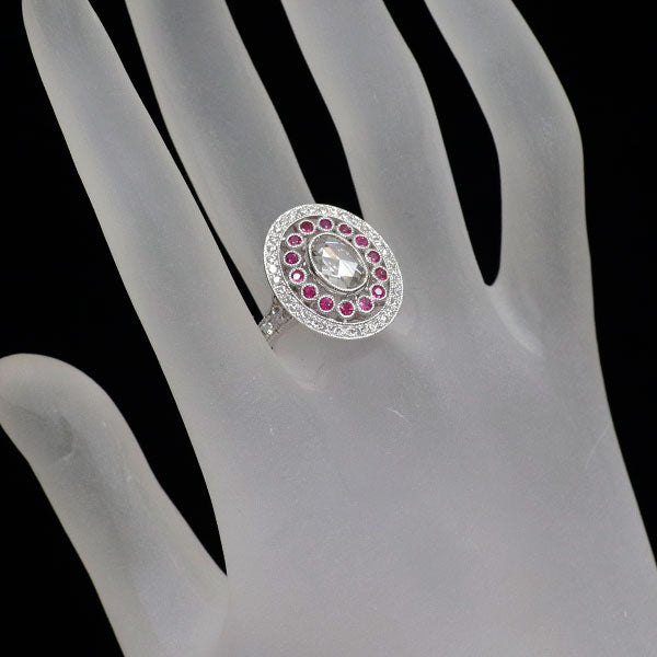 K18WG オーバルローズカット ダイヤモンド ルビー リング 1.267ct R0.41ct D0.606ct