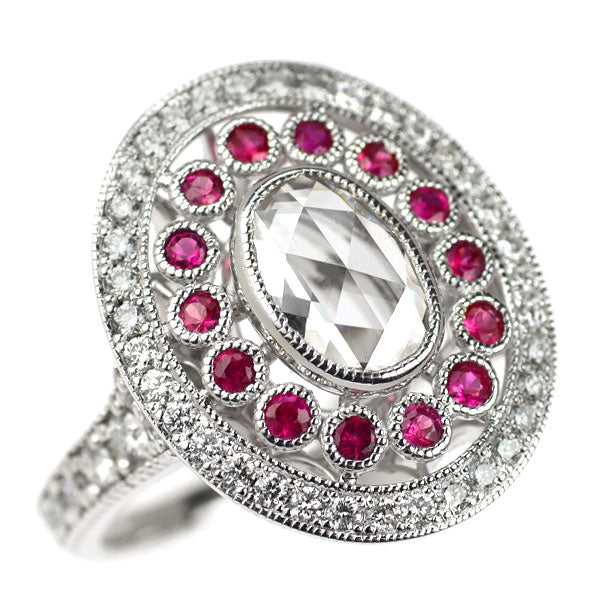K18WG オーバルローズカット ダイヤモンド ルビー リング 1.267ct R0.41ct D0.606ct