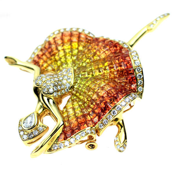 K18YG カラーサファイア ダイヤモンド ブローチ兼ペンダントトップ 14.00ct D1.60ct バレリーナ