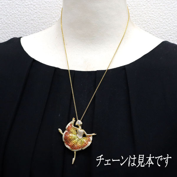 K18YG カラーサファイア ダイヤモンド ブローチ兼ペンダントトップ 14.00ct D1.60ct バレリーナ