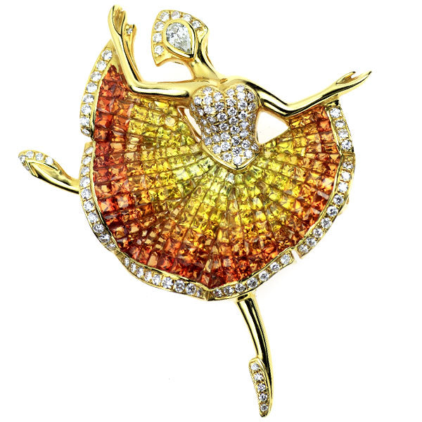 K18YG カラーサファイア ダイヤモンド ブローチ兼ペンダントトップ 14.00ct D1.60ct バレリーナ