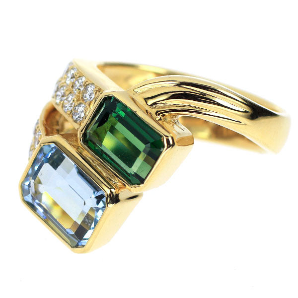 K18YG アクアマリン トルマリン ダイヤモンド リング 2.30ct T1.42ct D0.55ct