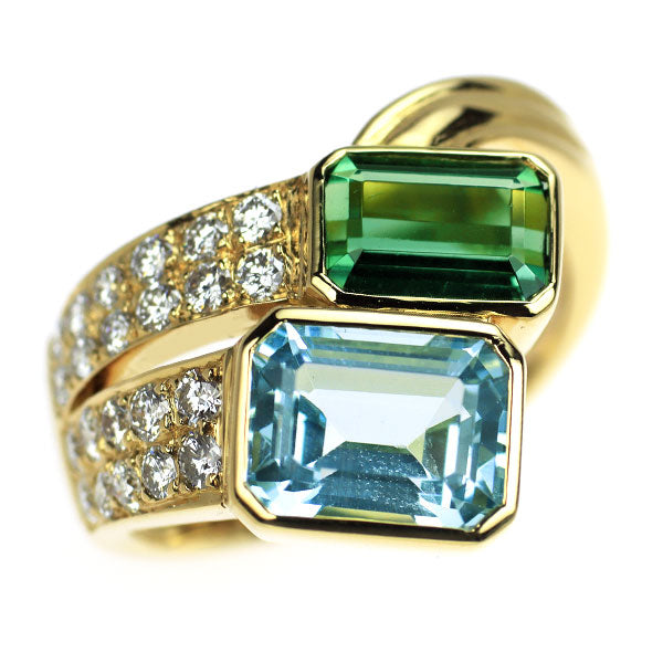 K18YG アクアマリン トルマリン ダイヤモンド リング 2.30ct T1.42ct D0.55ct