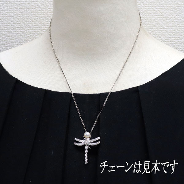 K18WG アコヤ真珠 ダイヤモンド ペンダントトップ 兼ブローチ 径約6.4mm D0.50ct トンボ