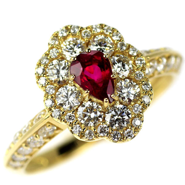 K18YG ペアシェイプ ルビー ダイヤモンド リング 0.46ct D0.92ct