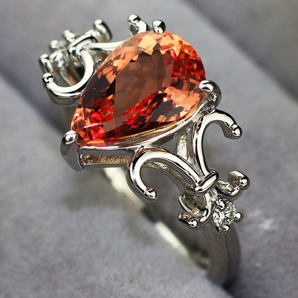 新品 Pt950 シェリーオレンジ系 ブラジル産インペリアルトパーズ ダイヤ リング 3.166ct D0.06ct 【エスコレ】