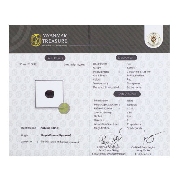 Pt950 ビルマ産非加熱スピネル ダイヤモンド リング 1.98ct D0.36ct