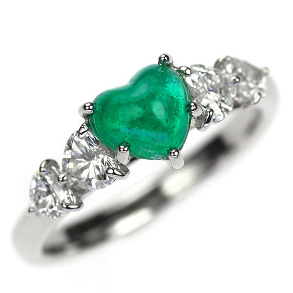 Pt900 ハートシェイプカボション エメラルド ダイヤモンド リング 0.87ct D0.64ct