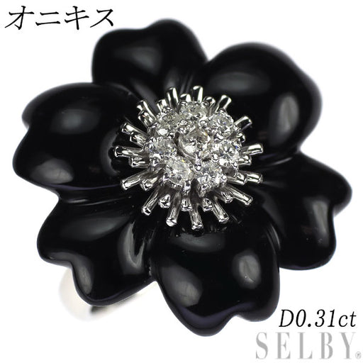 K18WG オニキス ダイヤモンド リング D0.31ct フラワー