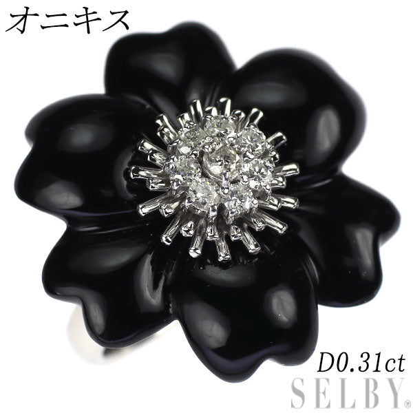 K18WG オニキス ダイヤモンド リング D0.31ct フラワー