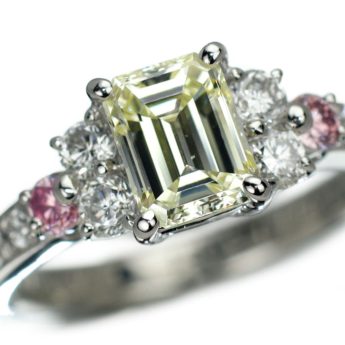 Pt900 エメラルドカットダイヤモンド 天然ピンク&無色ダイヤ リング 0.958ct LY VS2 PD0.13ct D0.41