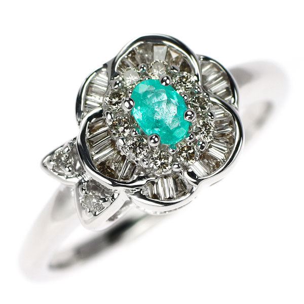 K18WG パライバトルマリン ダイヤモンド リング 0.10ct D0.20ct フラワー