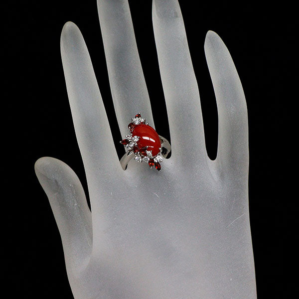 華宝流 Pt900 珊瑚 ダイヤモンド ガーネット リング 5.31ct D0.39ct
