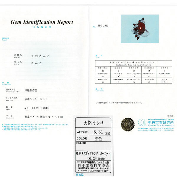 華宝流 Pt900 珊瑚 ダイヤモンド ガーネット リング 5.31ct D0.39ct