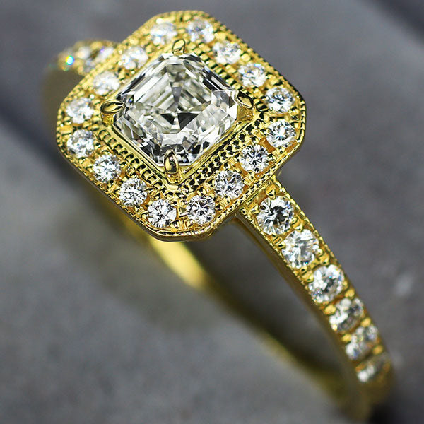 K18YG ロイヤルアッシャーカット ダイヤモンド リング 0.528ct G VS1 D0.30ct