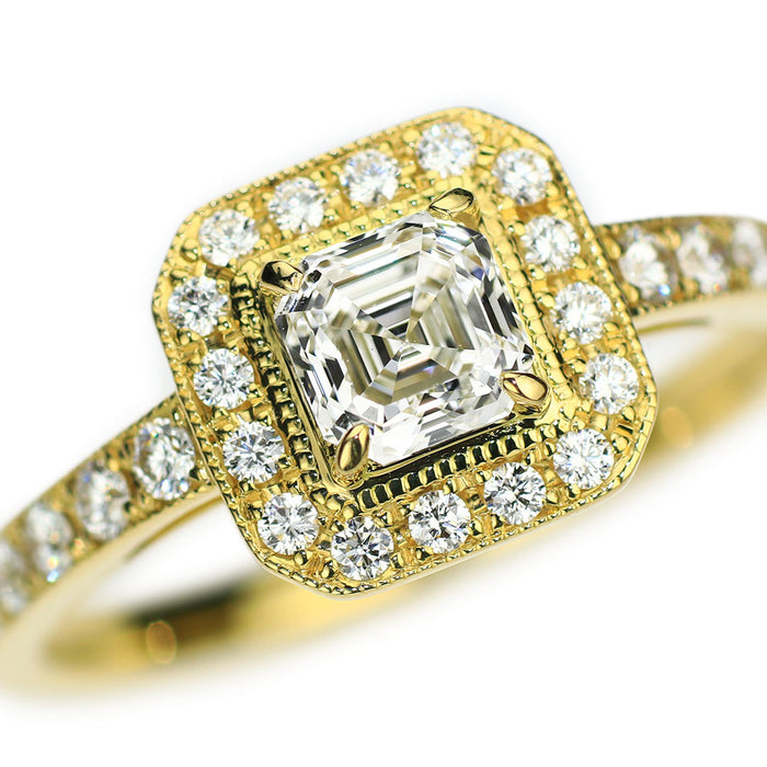 K18YG ロイヤルアッシャーカット ダイヤモンド リング 0.528ct G VS1 D0.30ct