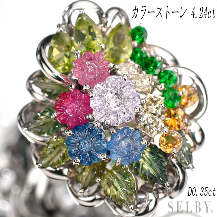 Pt900 ダイヤモンド ファンシーカラーサファイア ルビー ペリドット ガーネット リング 0.35ct S4.24ct フラワー