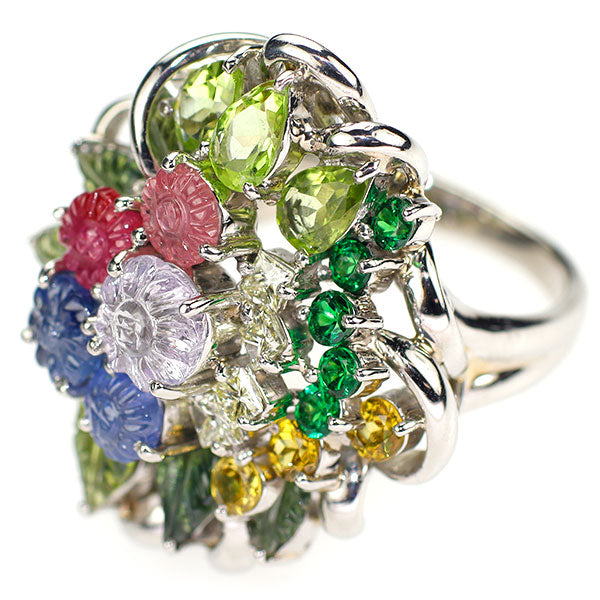 Pt900 ダイヤモンド ファンシーカラーサファイア ルビー ペリドット ガーネット リング 0.35ct S4.24ct フラワー