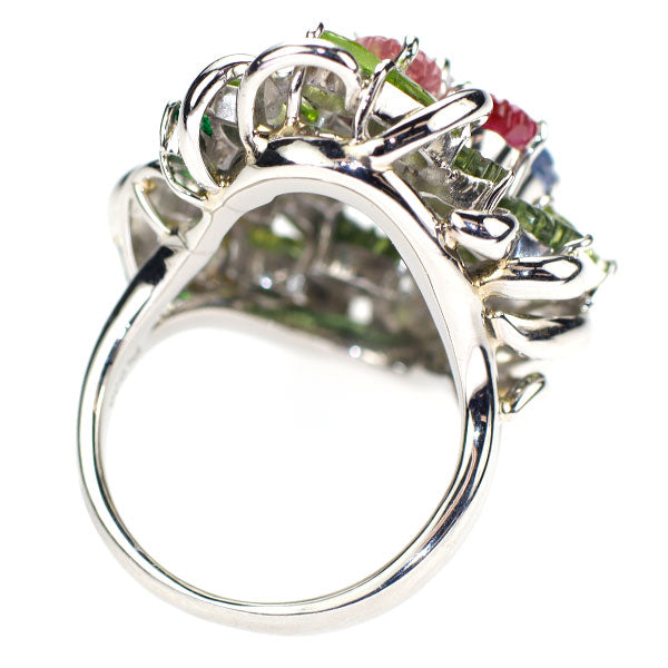Pt900 ダイヤモンド ファンシーカラーサファイア ルビー ペリドット ガーネット リング 0.35ct S4.24ct フラワー