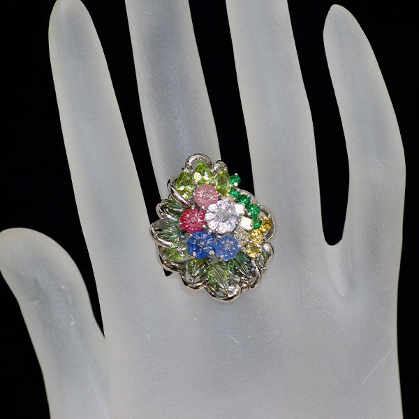 Pt900 ダイヤモンド ファンシーカラーサファイア ルビー ペリドット ガーネット リング 0.35ct S4.24ct フラワー