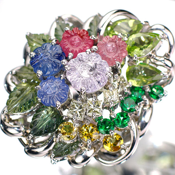 Pt900 ダイヤモンド ファンシーカラーサファイア ルビー ペリドット ガーネット リング 0.35ct S4.24ct フラワー