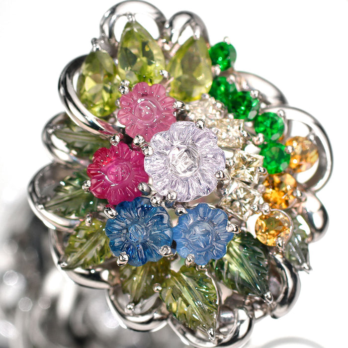Pt900 ダイヤモンド ファンシーカラーサファイア ルビー ペリドット ガーネット リング 0.35ct S4.24ct フラワー