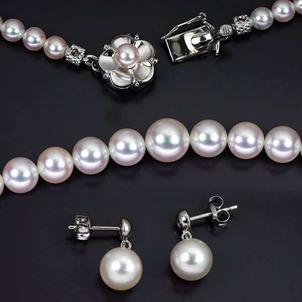 SV/ K14WG 花珠アコヤ 真珠 ネックレス＆ピアス 2点セット 径約4.2-8.0mm