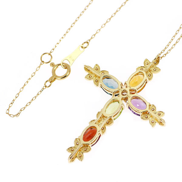 K18YG マルチカラーストーン ダイヤモンド ペンダントネックレス CS2.50ct D0.20ct クロス