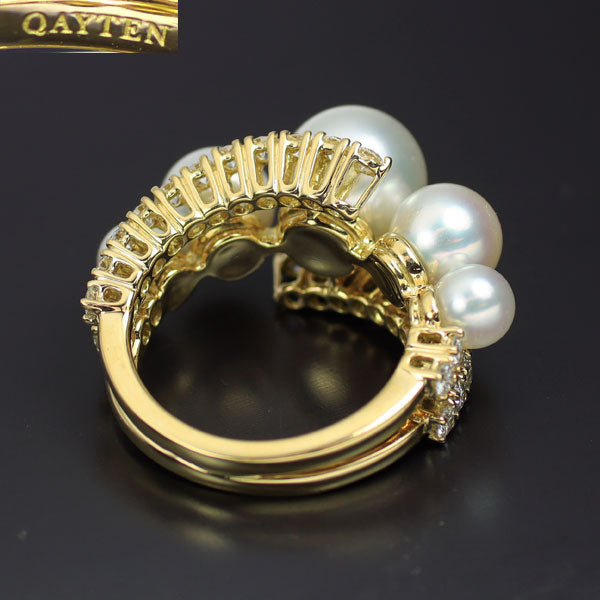 QAYTEN/ケイテン K18YG 大粒アコヤ真珠 ダイヤモンド リング 径約 5.1-9.4mm