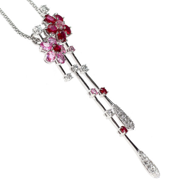 K18WG ルビー ピンクサファイア ダイヤモンド ペンダントネックレス 2.47ct PS2.03ct D1.56ct フラワー