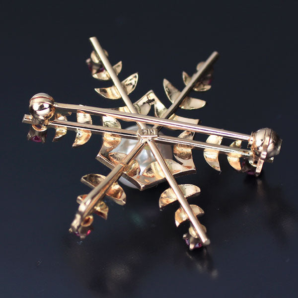 K14PG アコヤ 真珠 ルビー ブローチ兼ペンダントトップ 径約7.2mm 雪の結晶